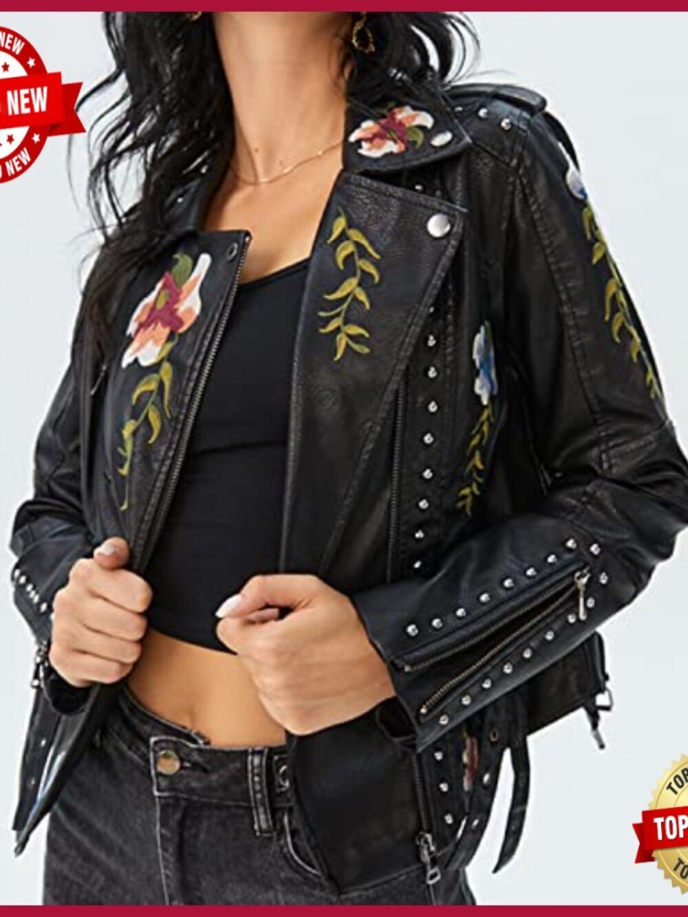 Women's Embroidered Studded Faux Leather Moto Jacket Slim Fit Short - Picture 2 of 6